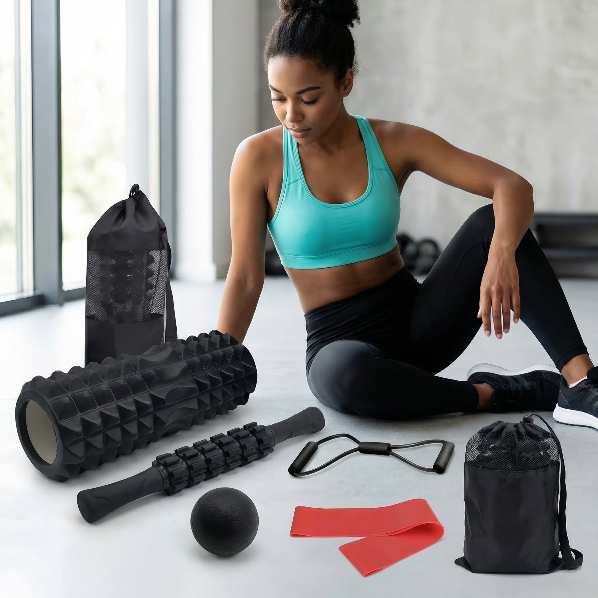 6 In1 Black Foam Roller Set with Massage Roller, Massage Ball, Chest Expander,And Resistance Band